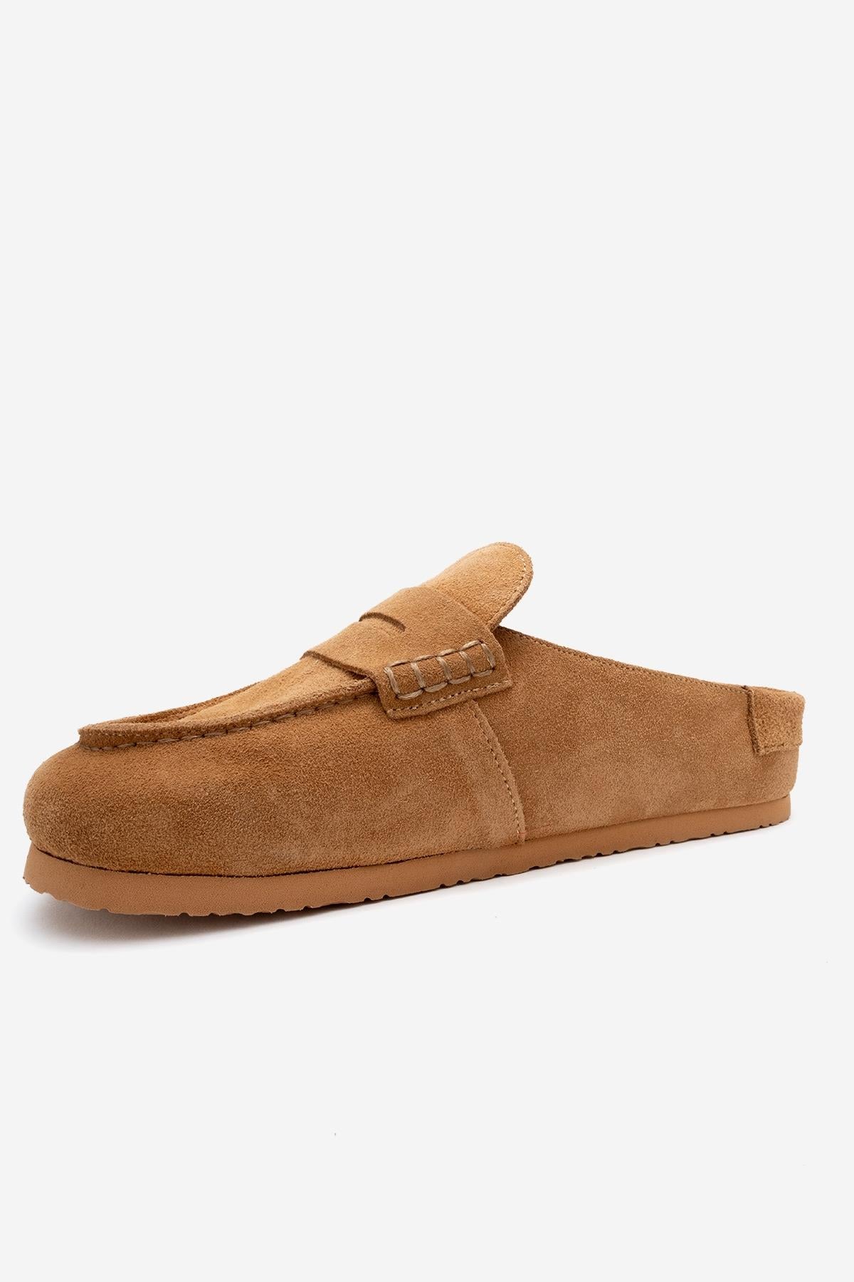 Priva - Taupe Suede Genuine Leather Slip-On Mule – heel view showing leather, suede, Vowalisse