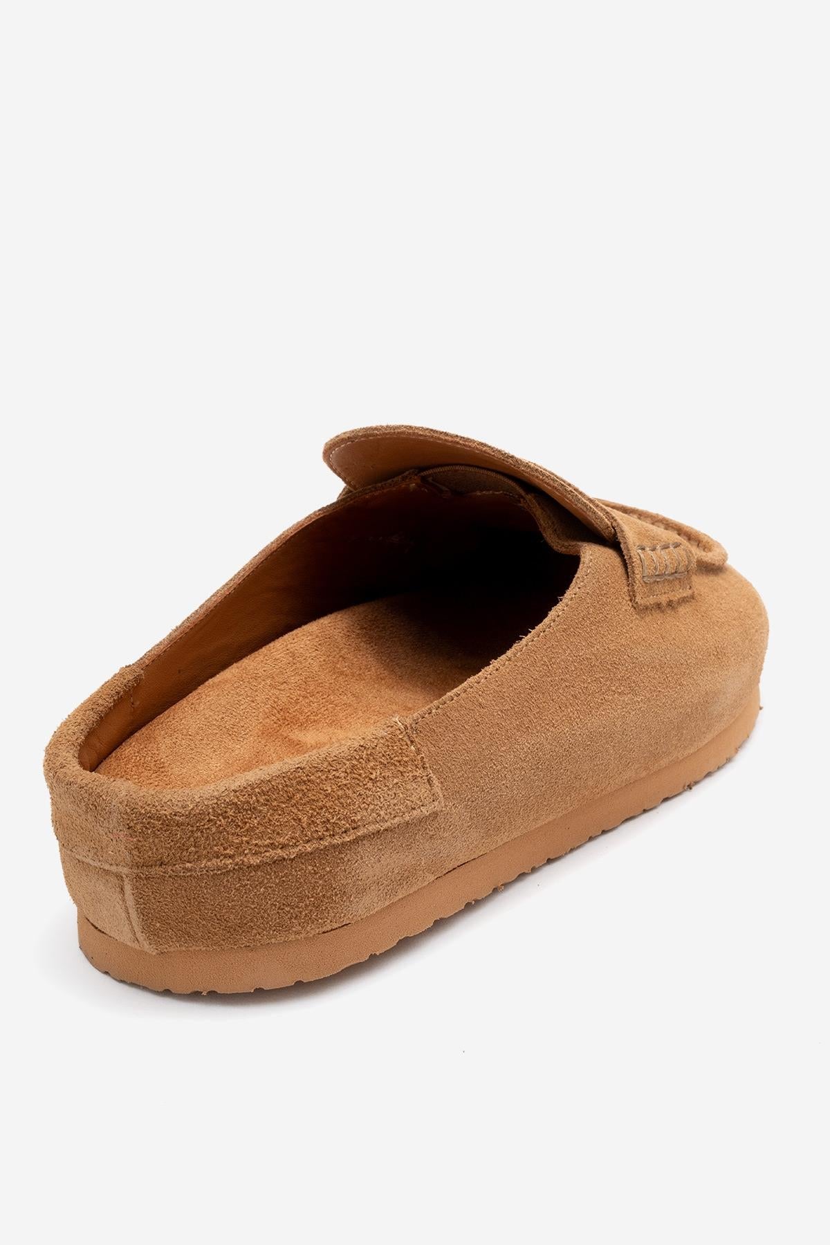 Priva - Taupe Suede Genuine Leather Slip-On Mule – back view showing leather, suede, Vowalisse