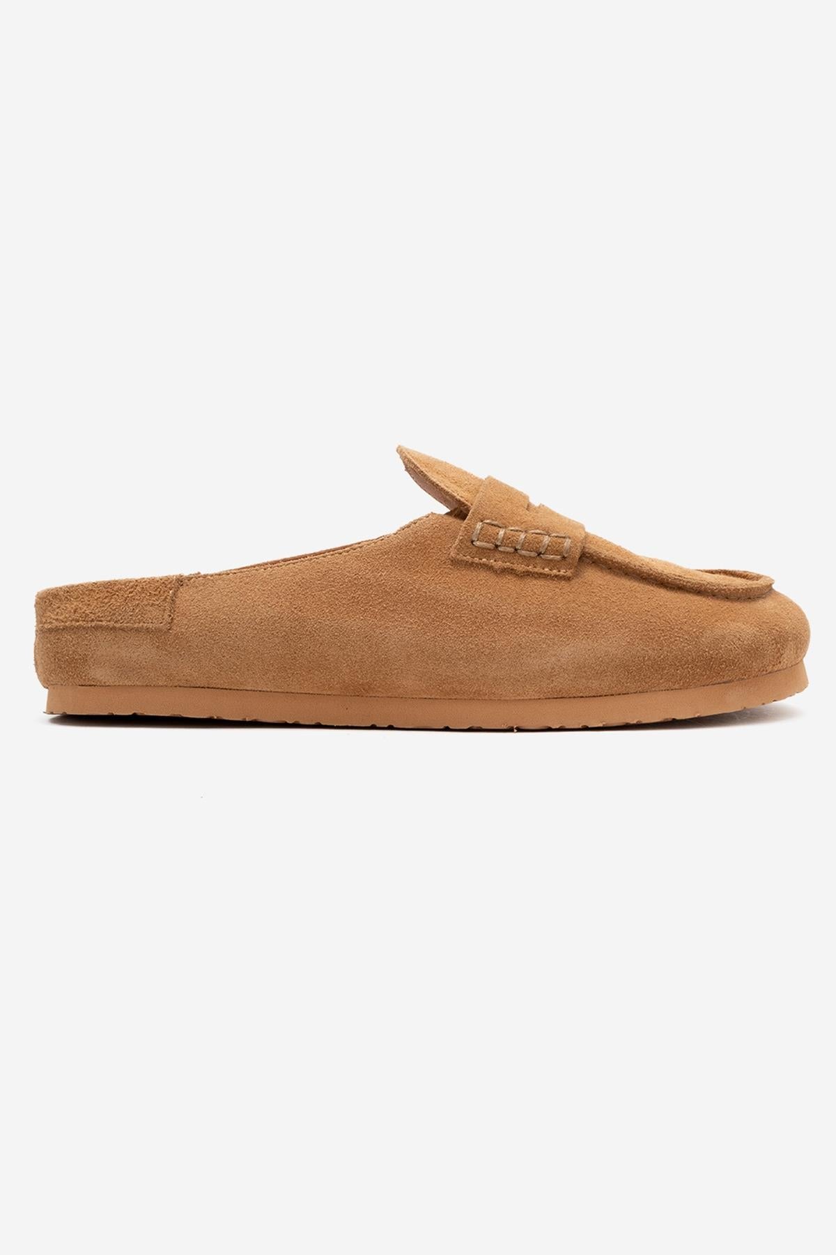 Priva - Taupe Suede Genuine Leather Slip-On Mule – top view showing leather, suede, Vowalisse