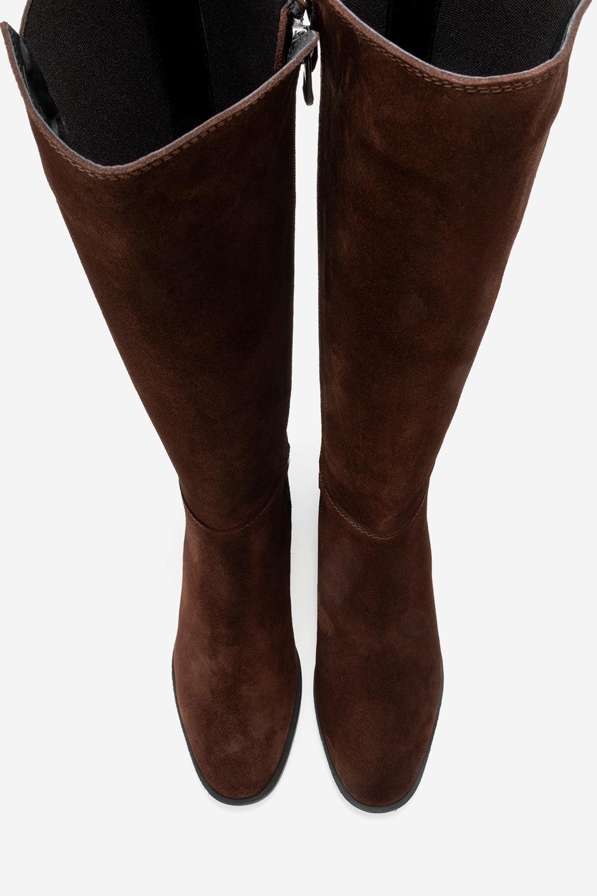 Rochos - Brown Suede Genuine Leather Knee-High Boot – side view showing leather, suede, Vowalisse