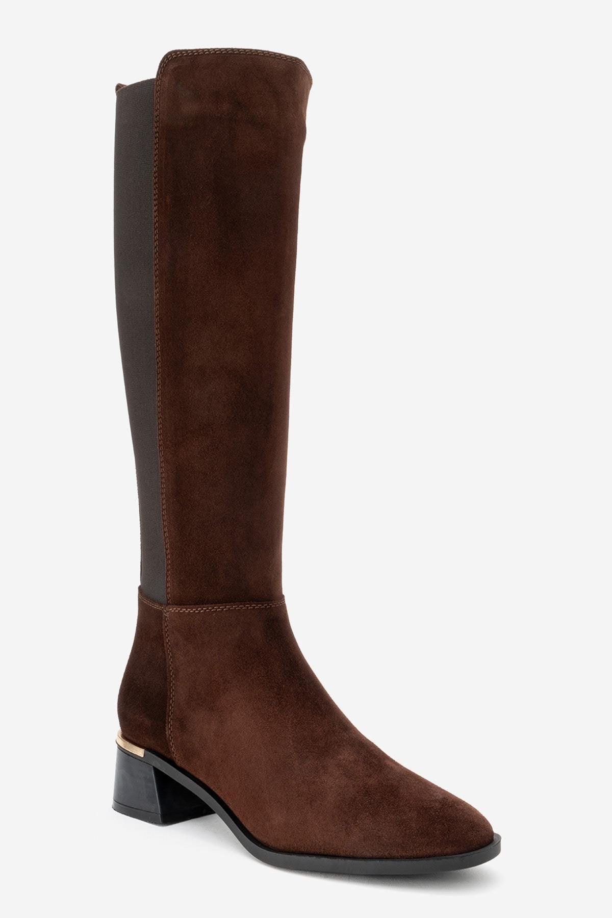 Rochos - Brown Suede Genuine Leather Knee-High Boot – detail view showing leather, suede, Vowalisse