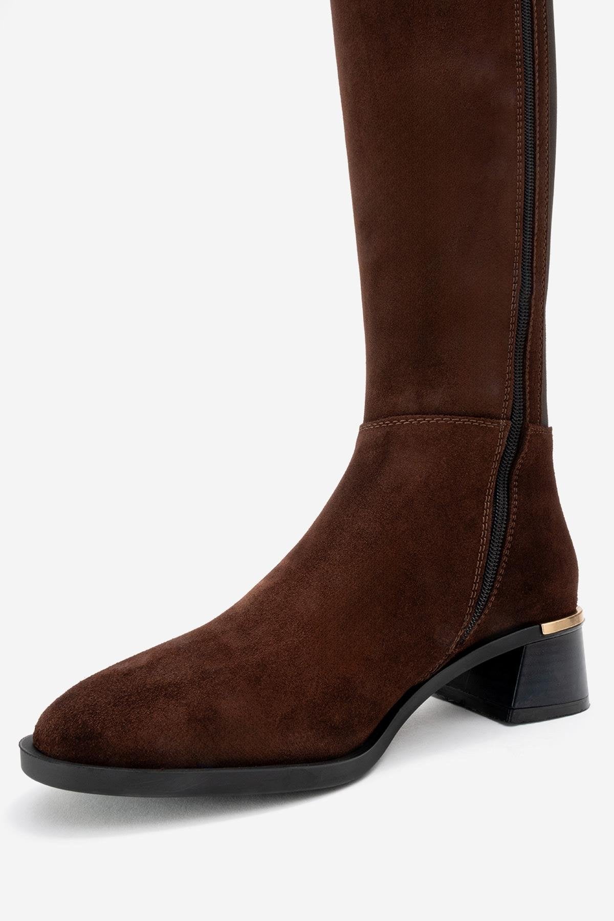 Rochos - Brown Suede Genuine Leather Knee-High Boot – heel view showing leather, suede, Vowalisse