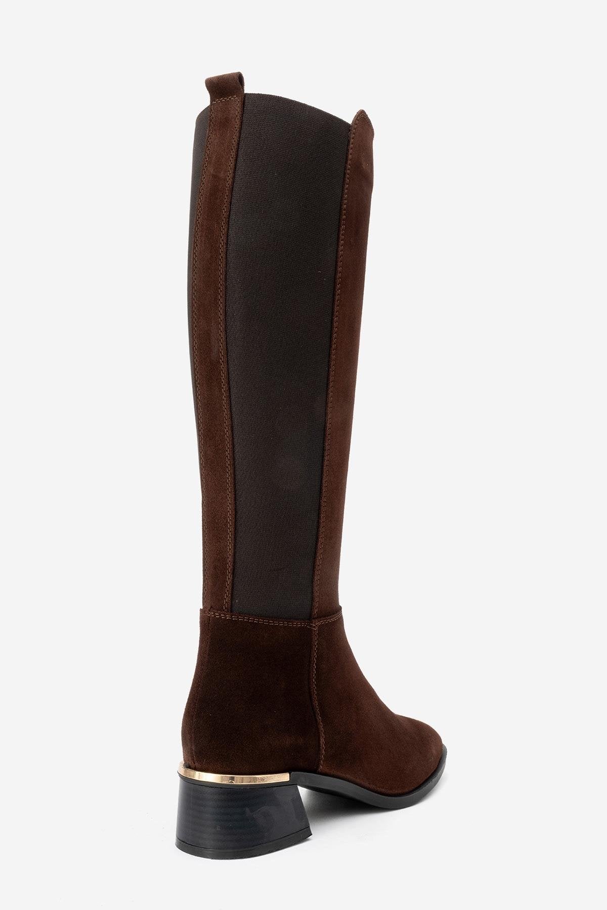 Rochos - Brown Suede Genuine Leather Knee-High Boot – back view showing leather, suede, Vowalisse