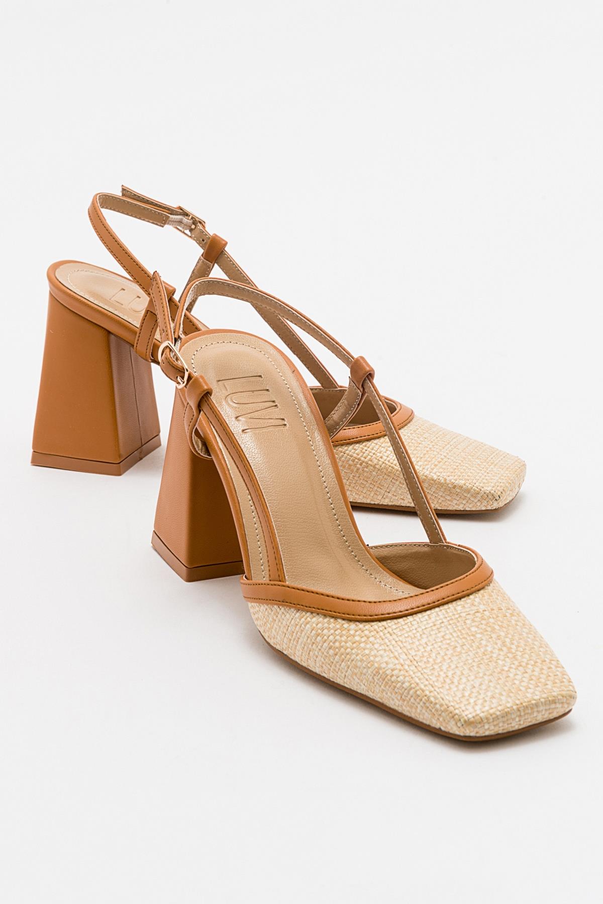 Rivie - Cognac Raffia Round Toe Chunky Heel Shoe – front three-quarter view showing leather, Vowalisse