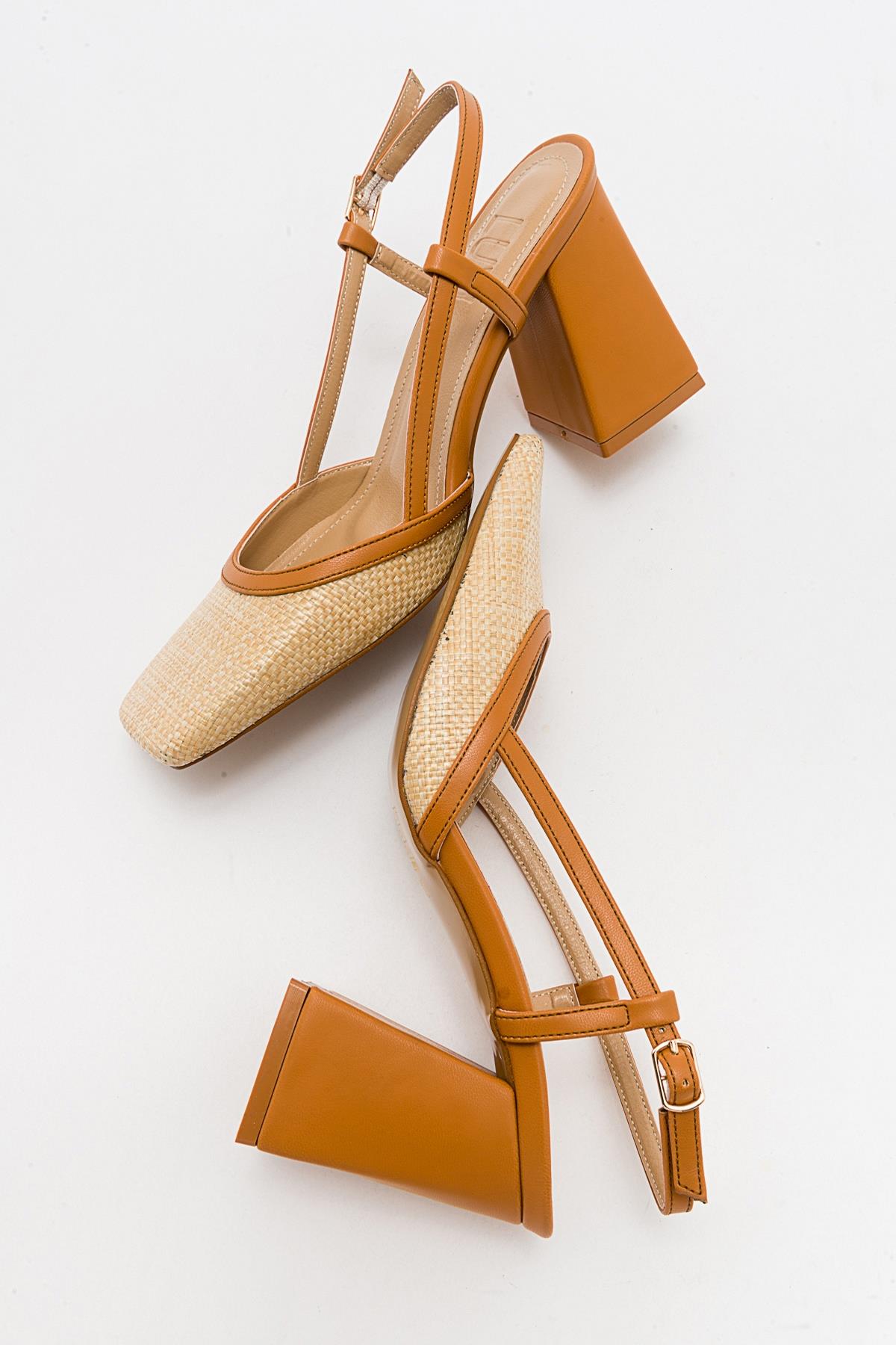 Rivie - Cognac Raffia Round Toe Chunky Heel Shoe – detail view showing leather, Vowalisse