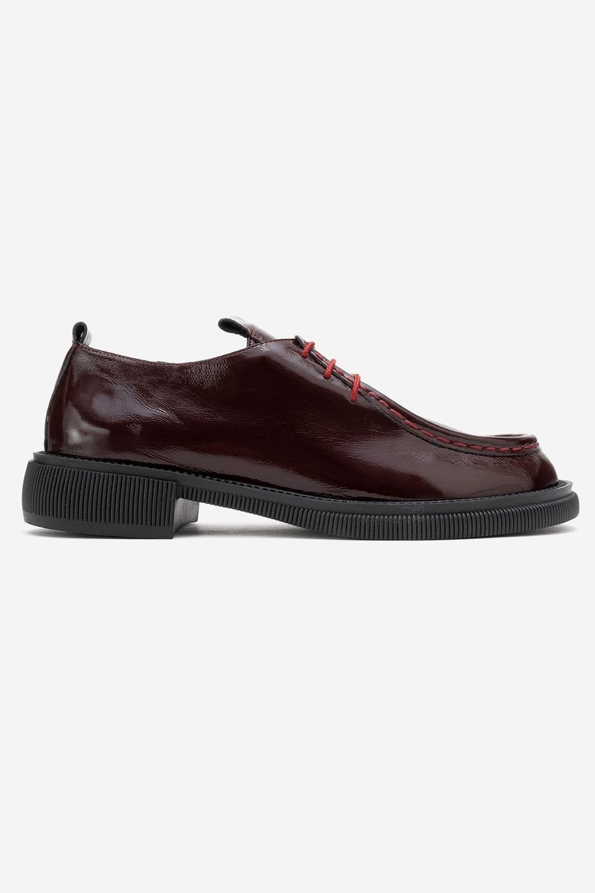 Band - Burgundy Crinkled Patent Genuine Leather Lace-Up Loafer – top view showing lace, leather, Vowalisse