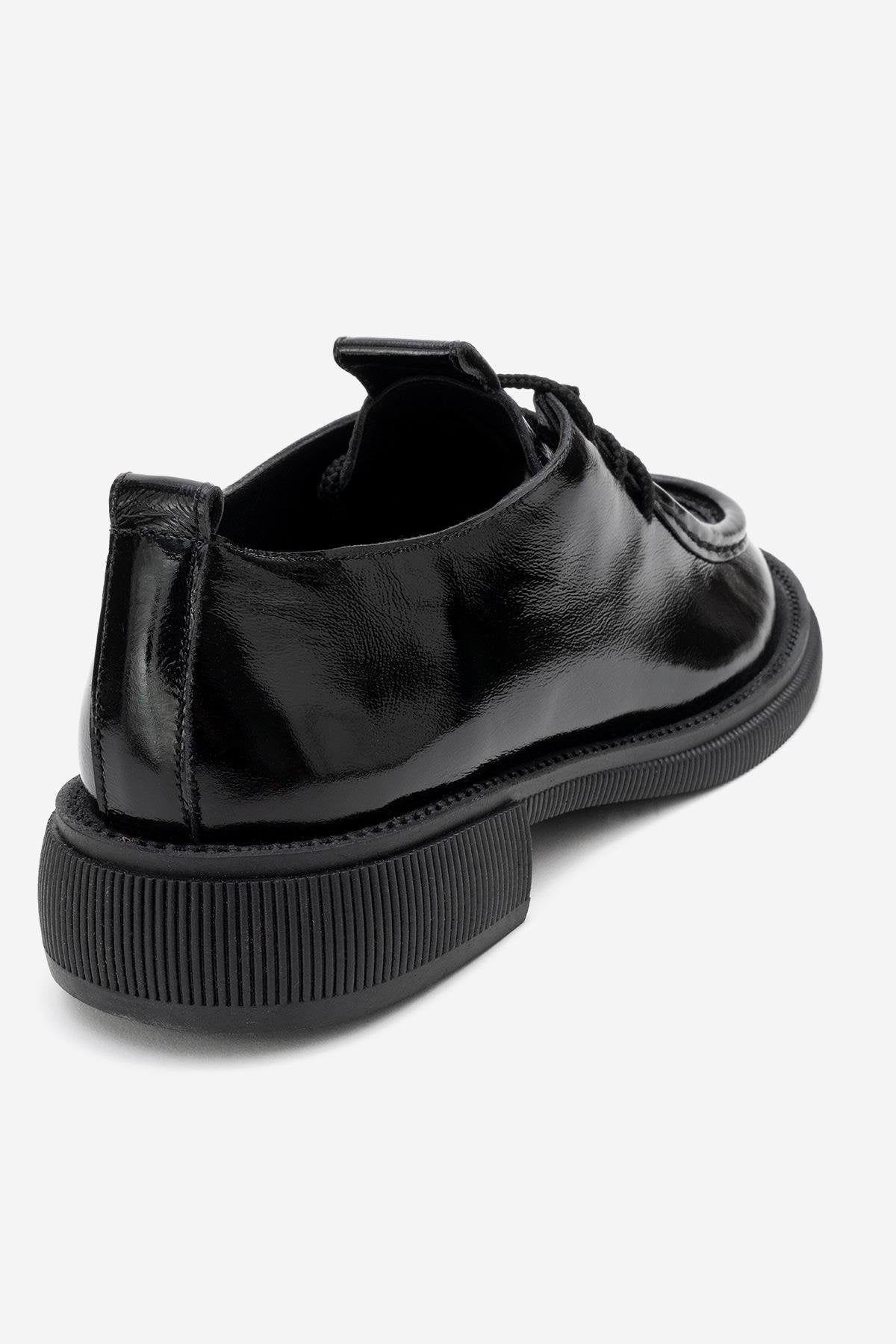 Band - Black Crinkled Patent Genuine Leather Lace-Up Loafer – back view showing lace, leather, black, Vowalisse