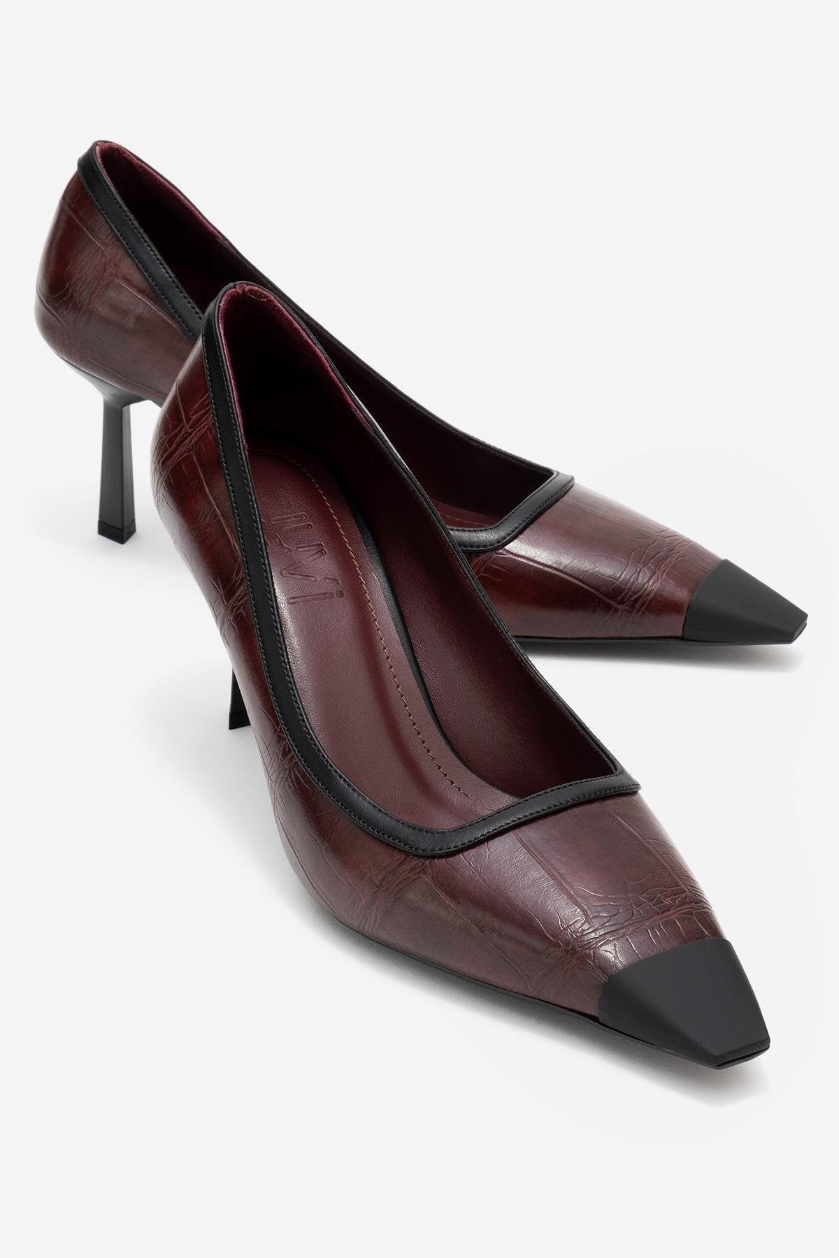 Rona - Burgundy Printed Matte Toe Heeled Shoe – front three-quarter view showing leather, Vowalisse