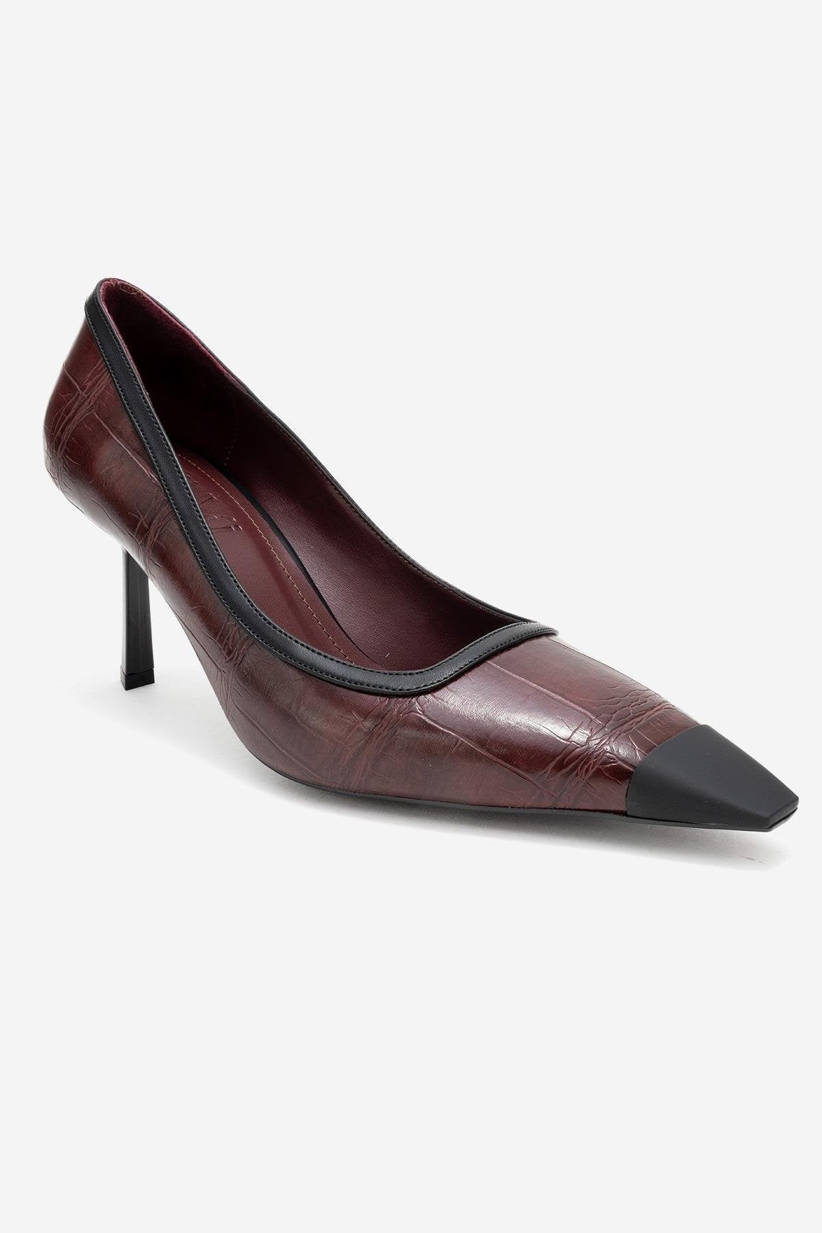 Rona - Burgundy Printed Matte Toe Heeled Shoe – detail view showing leather, Vowalisse