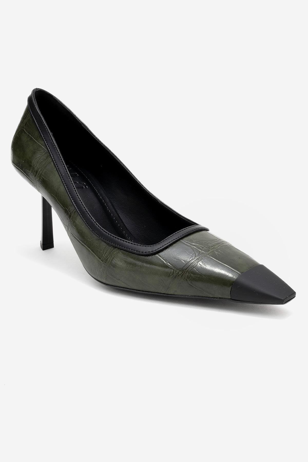 Rona - Green Printed Matte Toe Heeled Shoe – detail view showing leather, green, Vowalisse