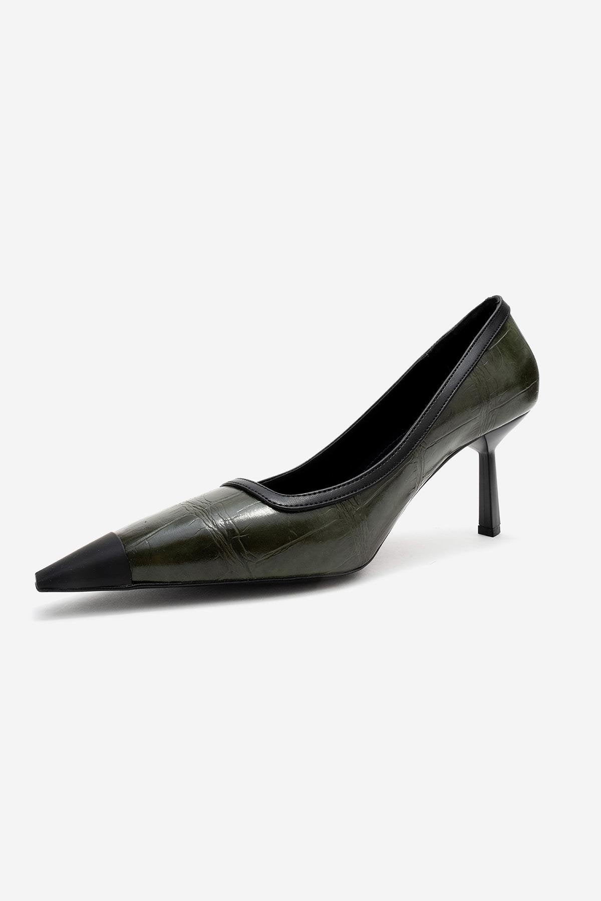 Rona - Green Printed Matte Toe Heeled Shoe – heel view showing leather, green, Vowalisse