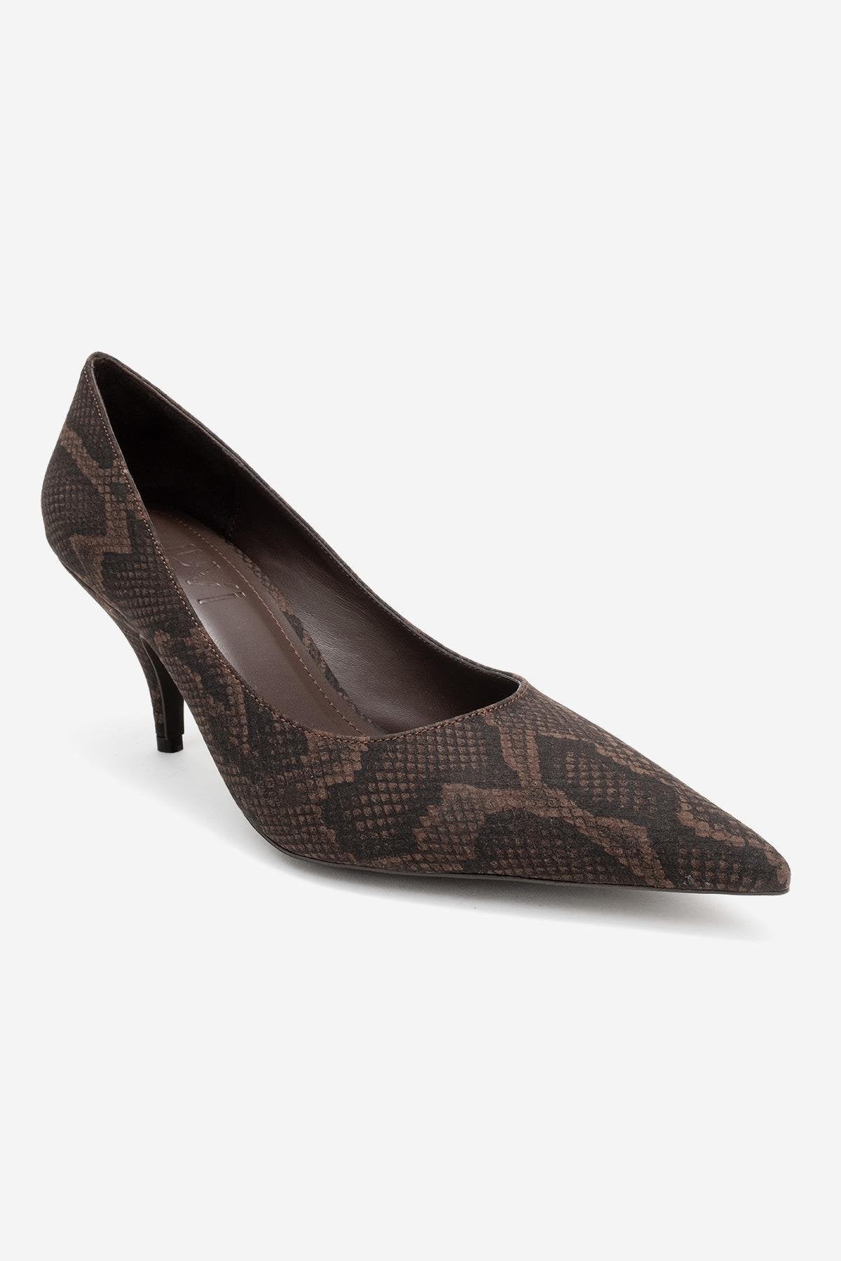 Marcus - Brown Patterned Heeled Shoe – detail view showing leather, Vowalisse