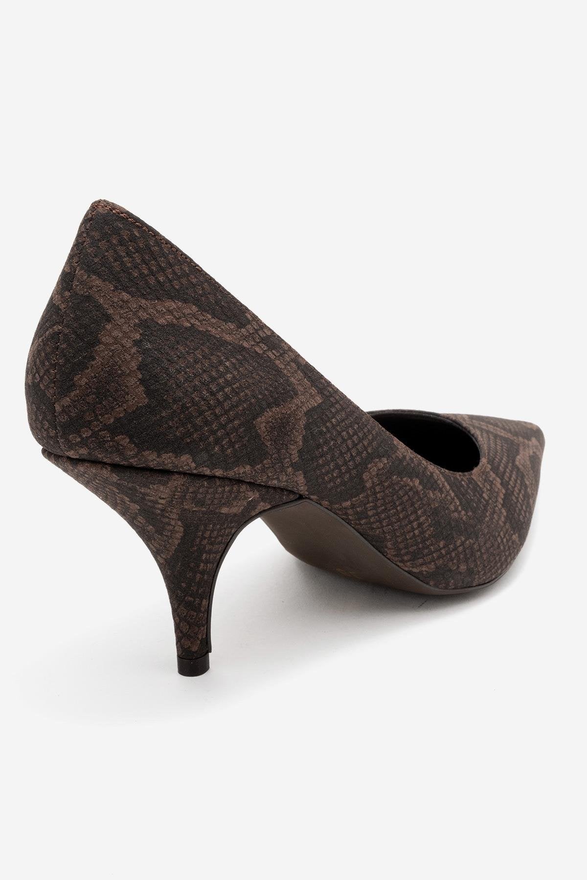 Marcus - Brown Patterned Heeled Shoe – back view showing leather, Vowalisse