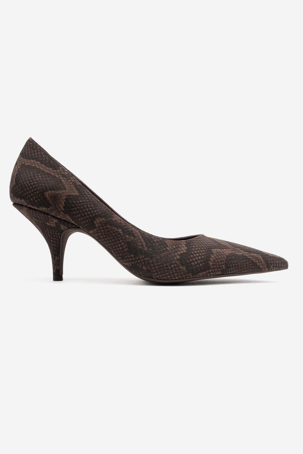 Marcus - Brown Patterned Heeled Shoe – top view showing leather, Vowalisse