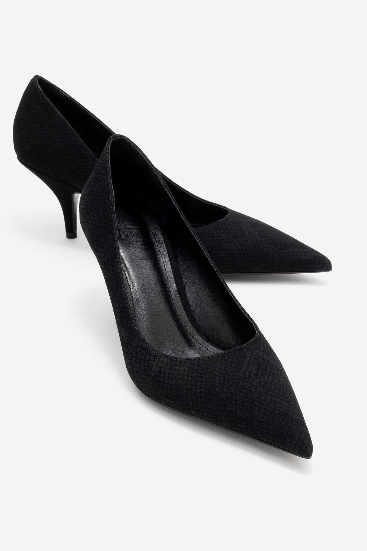 Marcus - Black Patterned Heeled Shoe – front three-quarter view showing leather, black, red, Vowalisse