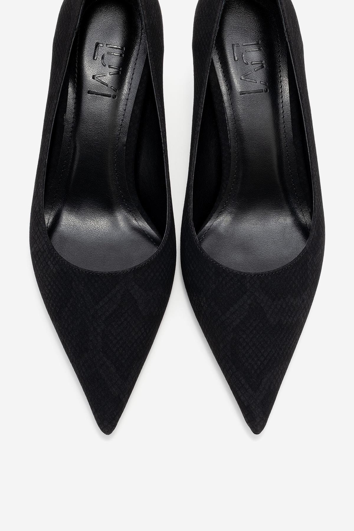 Marcus - Black Patterned Heeled Shoe – side view showing leather, black, red, Vowalisse