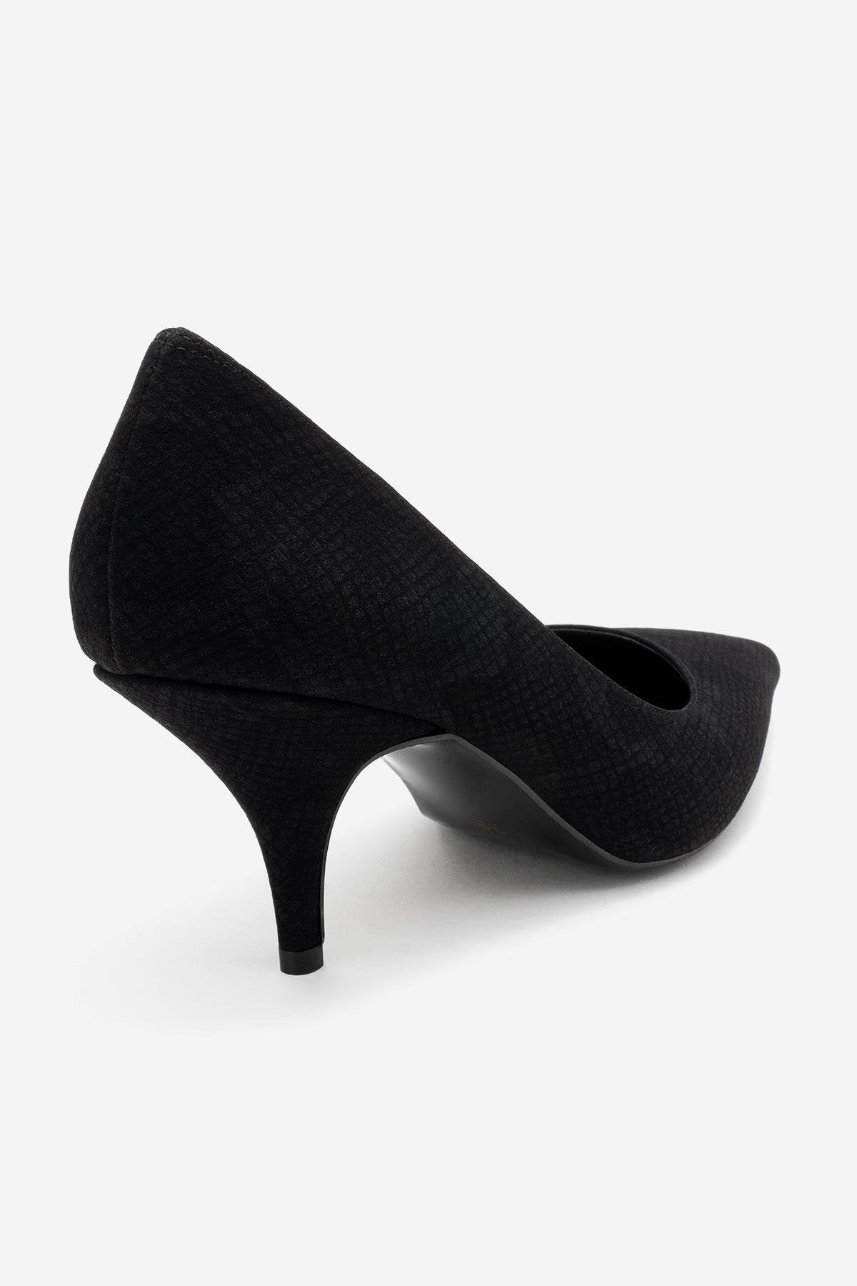 Marcus - Black Patterned Heeled Shoe – back view showing leather, black, red, Vowalisse