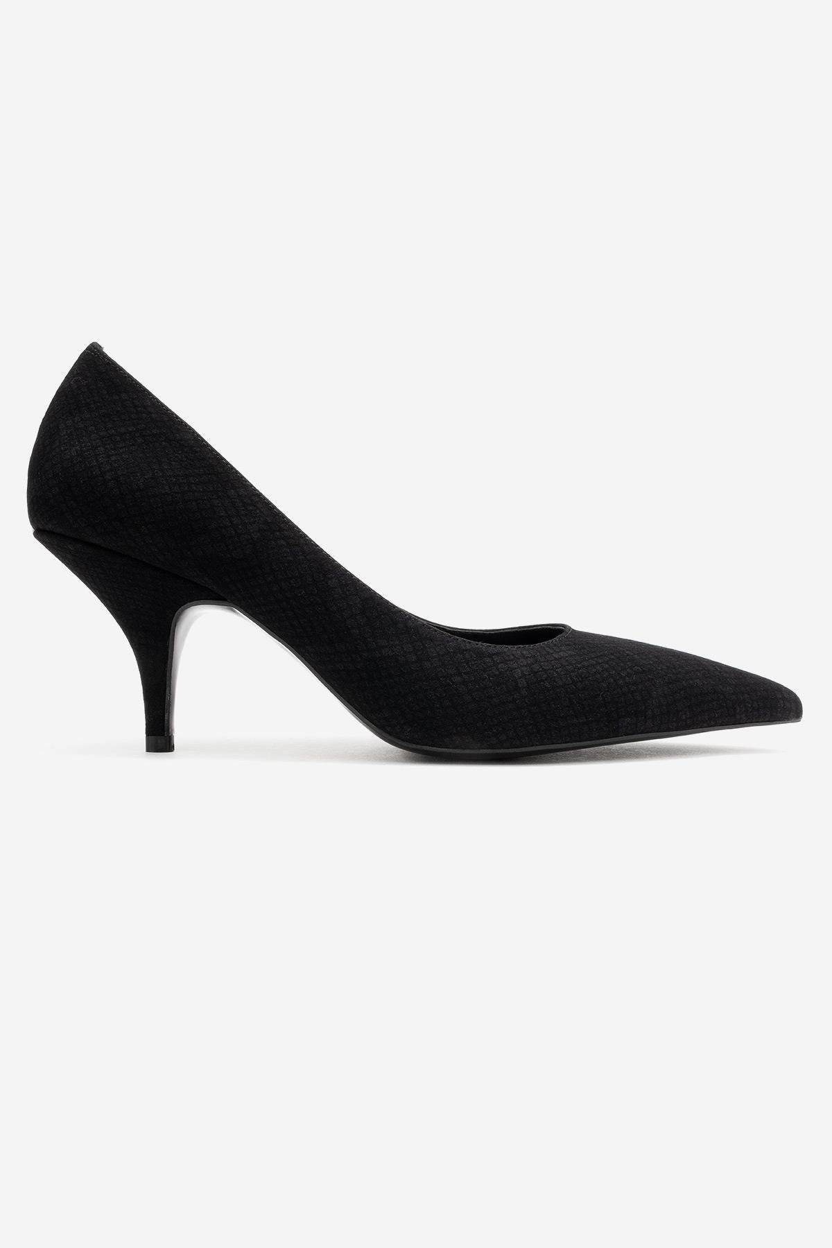 Marcus - Black Patterned Heeled Shoe – top view showing leather, black, red, Vowalisse