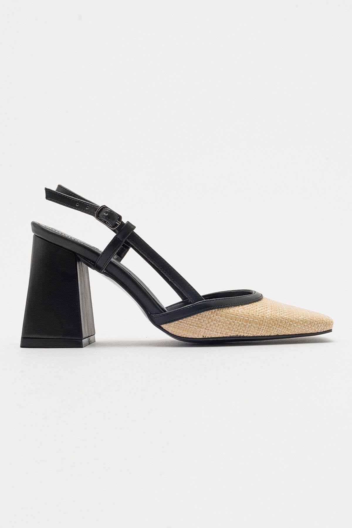 Rivie - Black Raffia Round Toe Chunky Heel Shoe – top view showing leather, black, Vowalisse