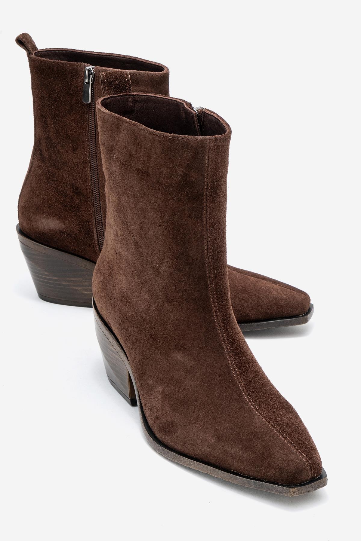 Lexia - Brown Genuine Leather Western Boot – front three-quarter view showing leather, suede, Vowalisse