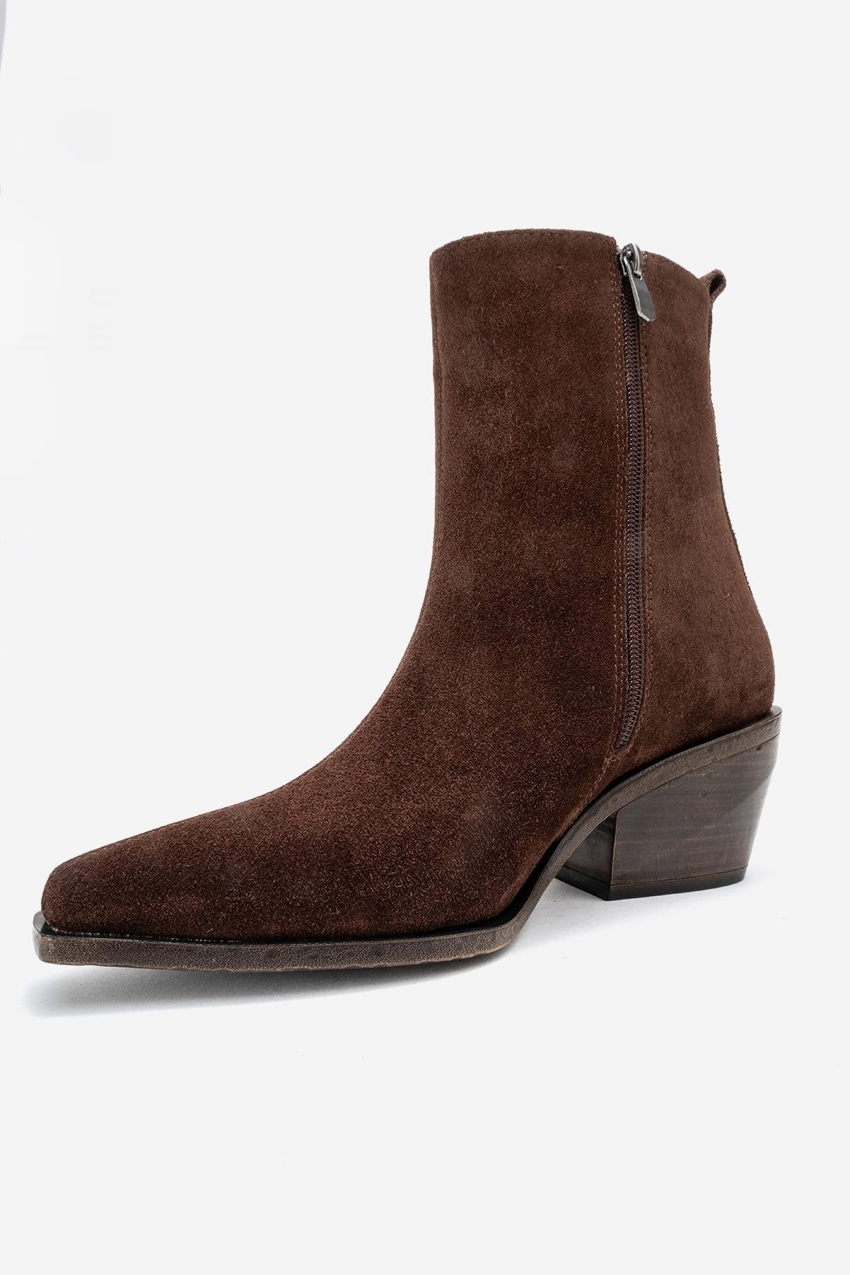 Lexia - Brown Genuine Leather Western Boot – heel view showing leather, suede, Vowalisse