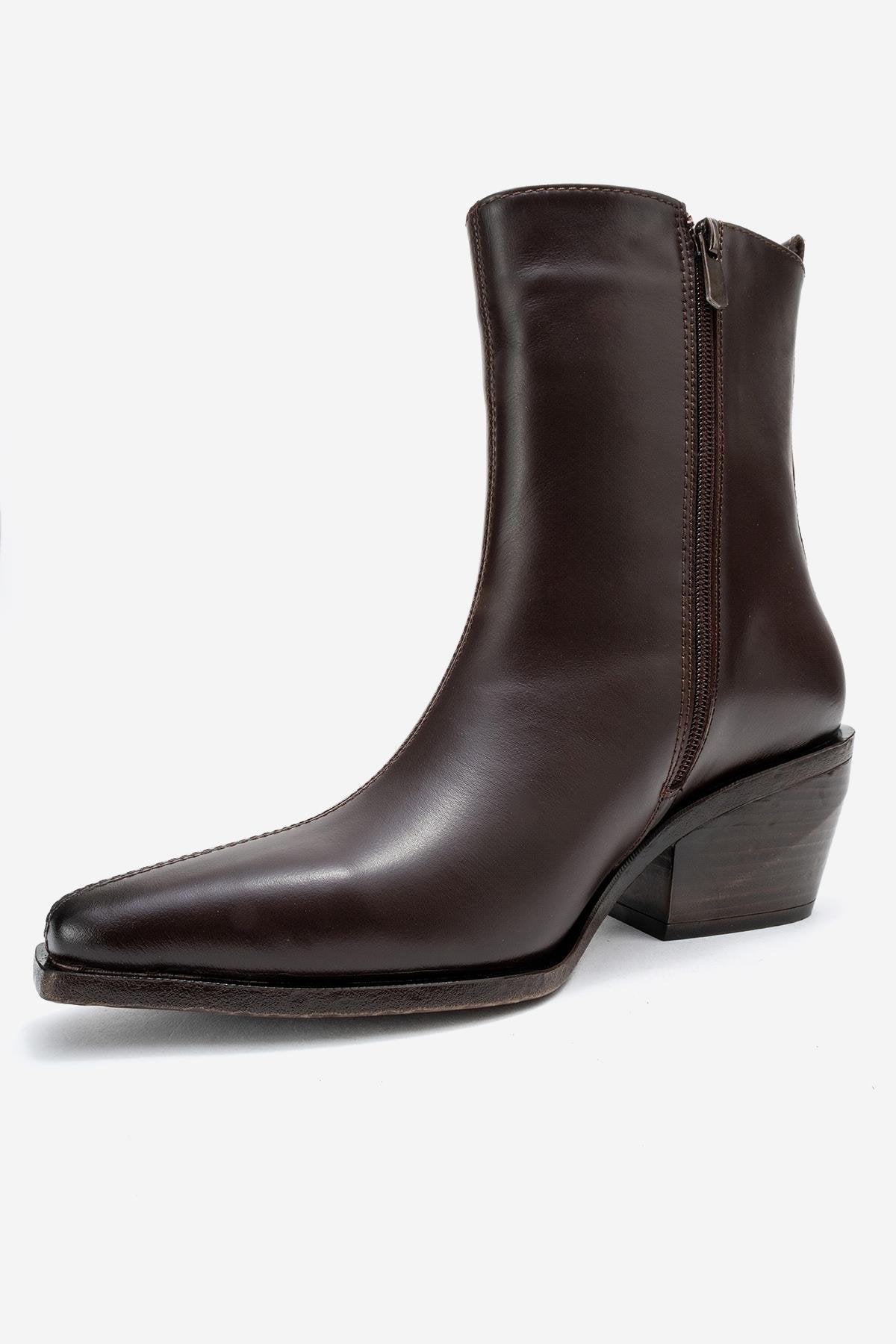 Lexia - Brown Genuine Leather Western Boot – heel view showing leather, Vowalisse