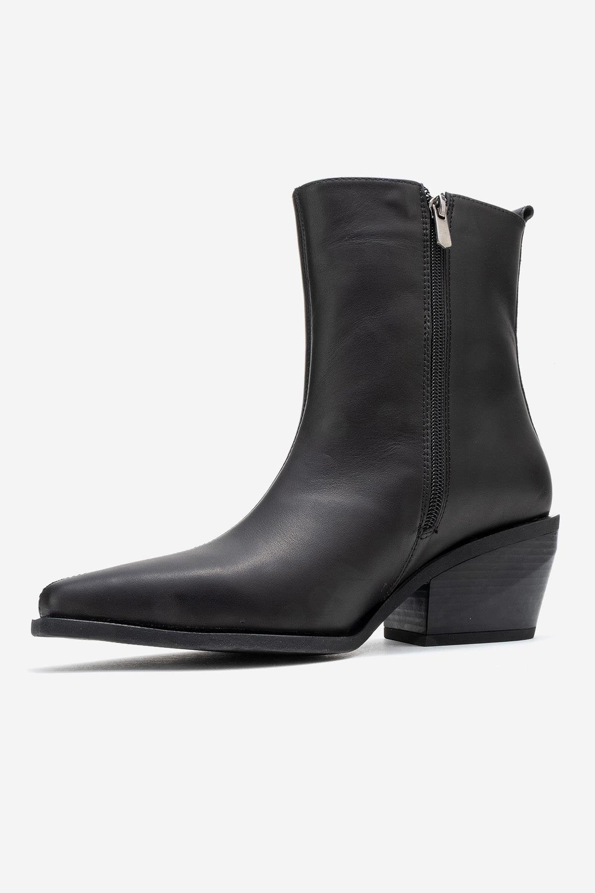 Lexia - Black Genuine Leather Western Boot – heel view showing leather, black, Vowalisse