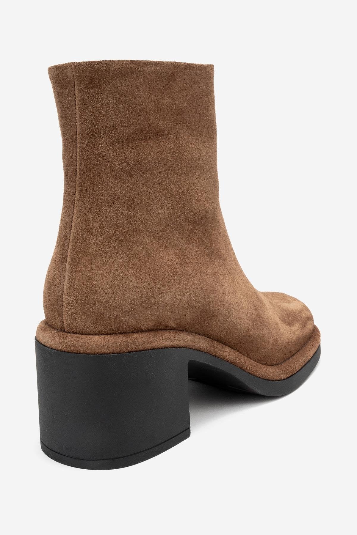 Junae - Cognac Genuine Leather Block Heel Boot – back view showing leather, suede, Vowalisse