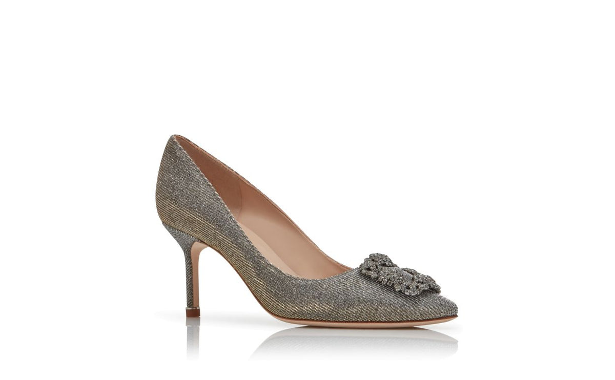 Magnolia Dream Gold Jewel Buckle Pumps – top view showing gold jewel buckle, crystal buckle, almond toe, Vowalisse