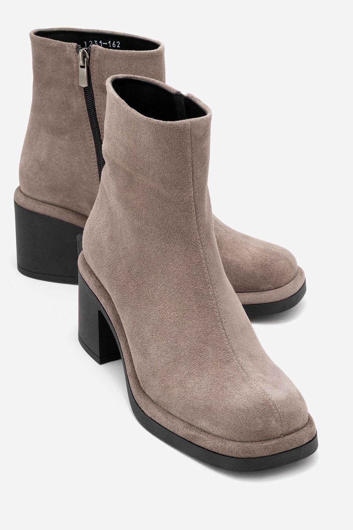 Junae - Taupe Genuine Leather Block Heel Boot – front three-quarter view showing leather, suede, Vowalisse