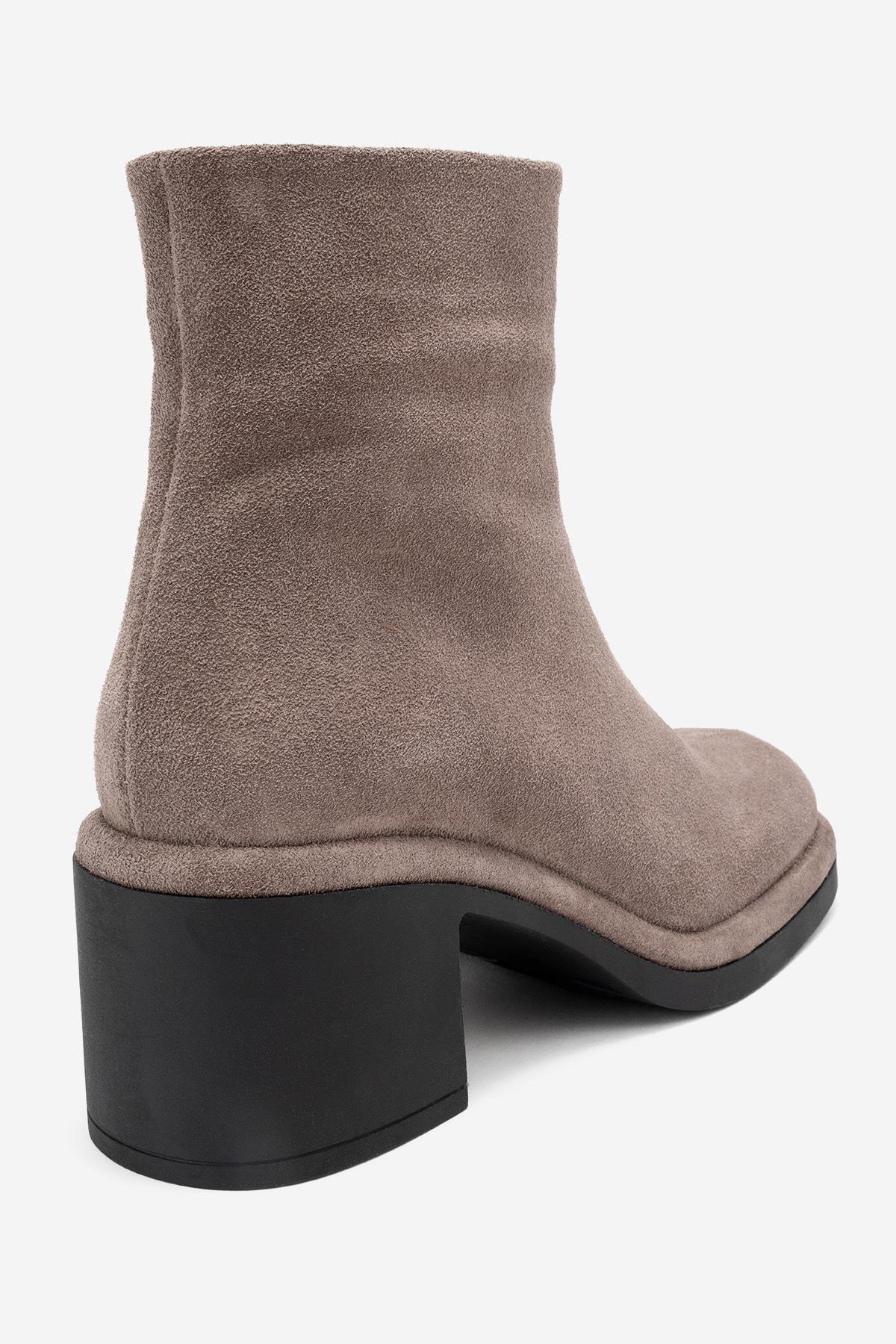 Junae - Taupe Genuine Leather Block Heel Boot – back view showing leather, suede, Vowalisse