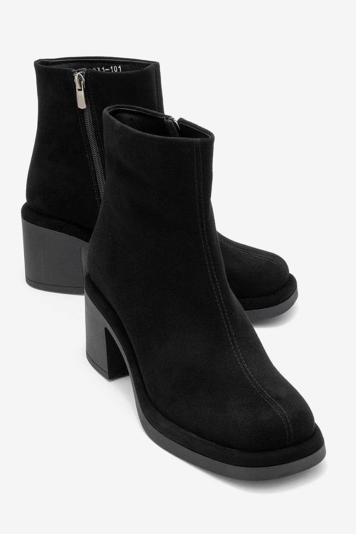 Junae - Black Genuine Leather Block Heel Boot – front three-quarter view showing leather, suede, black, Vowalisse