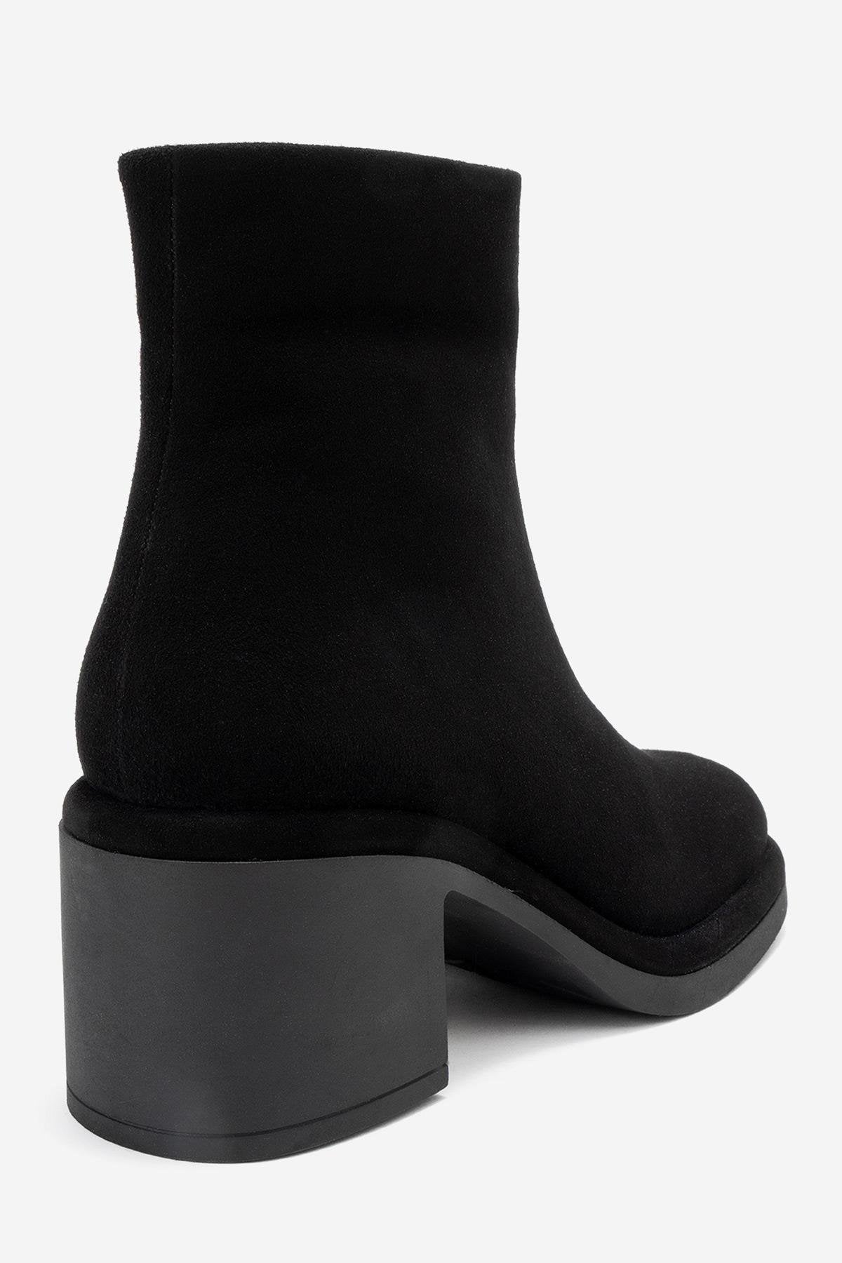 Junae - Black Genuine Leather Block Heel Boot – back view showing leather, suede, black, Vowalisse