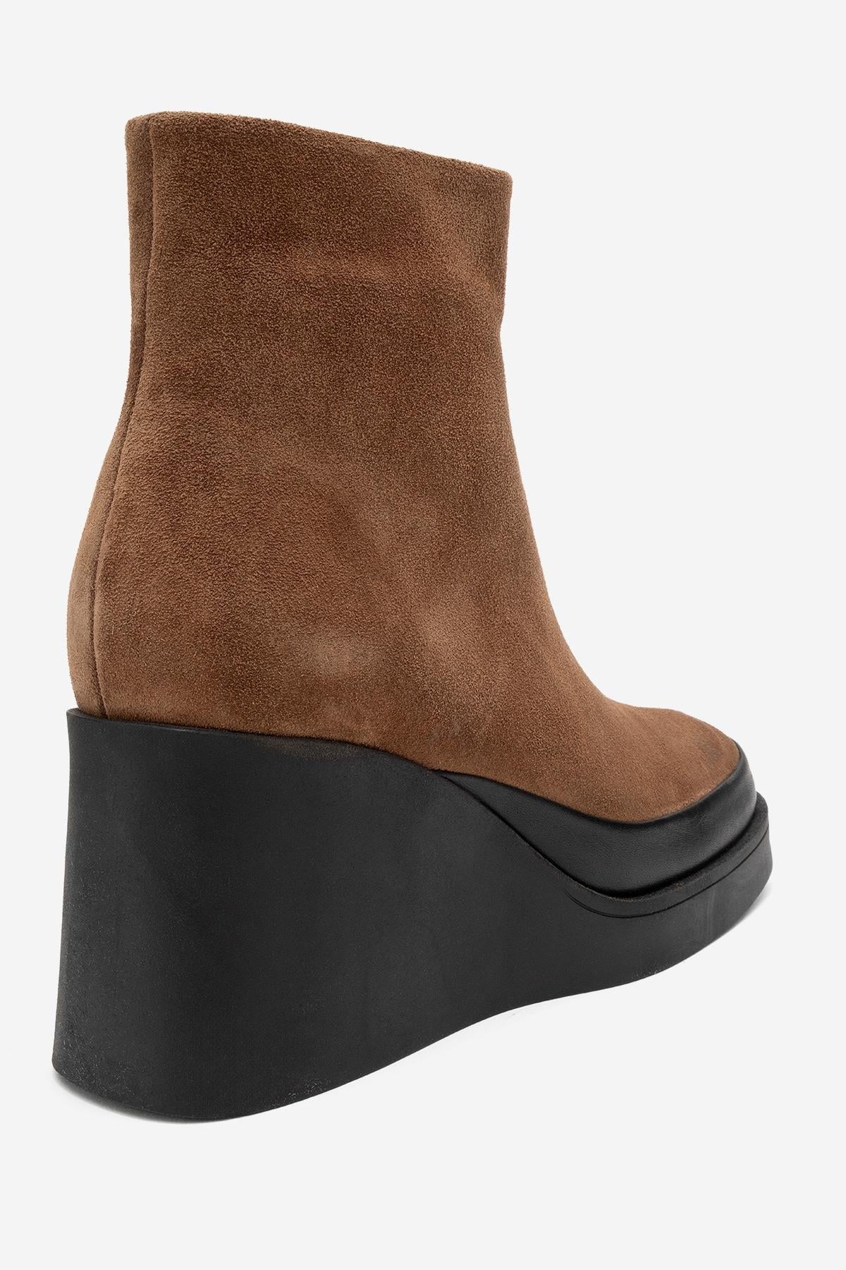 Livia - Cognac Genuine Leather Platform Wedge Boot – back view showing leather, suede, Vowalisse