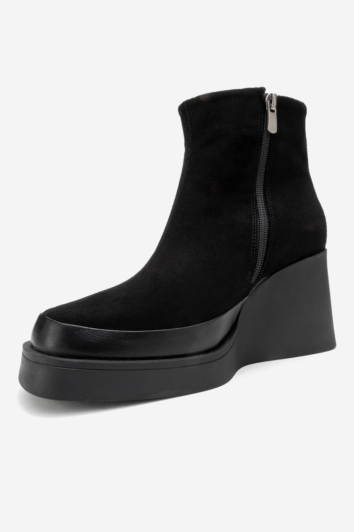 Livia - Black Genuine Leather Platform Wedge Boot – heel view showing leather, suede, black, Vowalisse