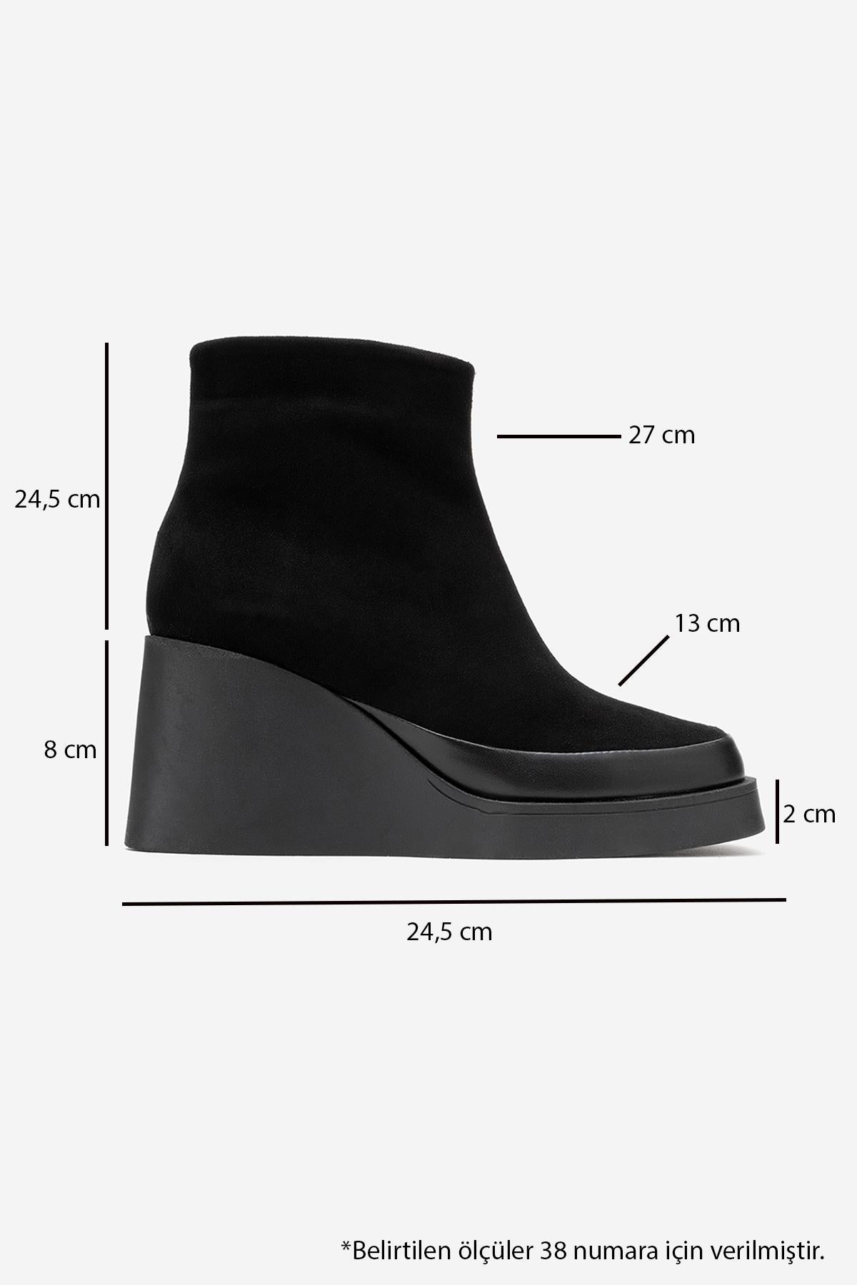 Livia - Black Genuine Leather Platform Wedge Boot – top view showing leather, suede, black, Vowalisse
