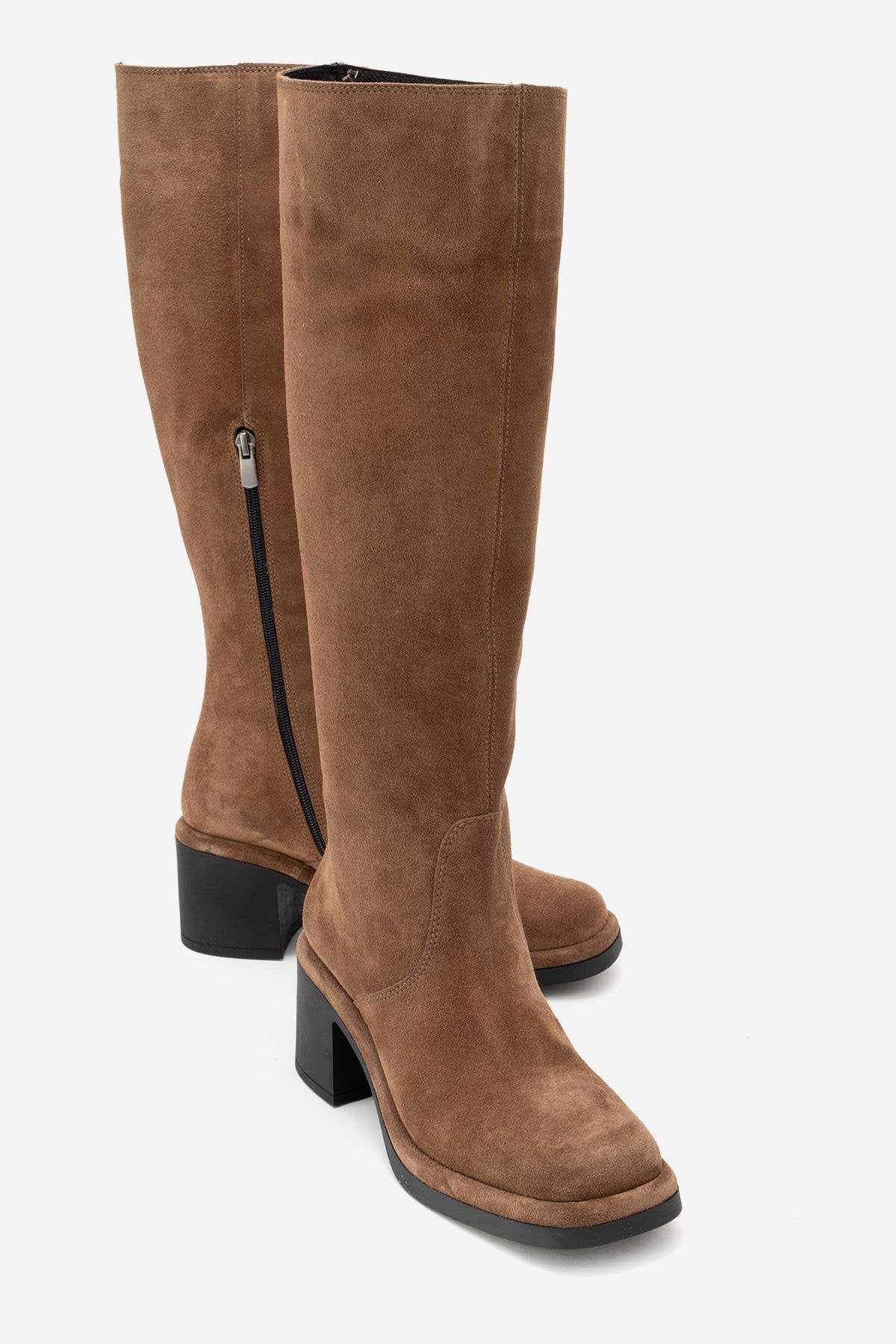 Fros - Cognac Genuine Leather Block Heel Knee-High Boot – front three-quarter view showing leather, suede, Vowalisse