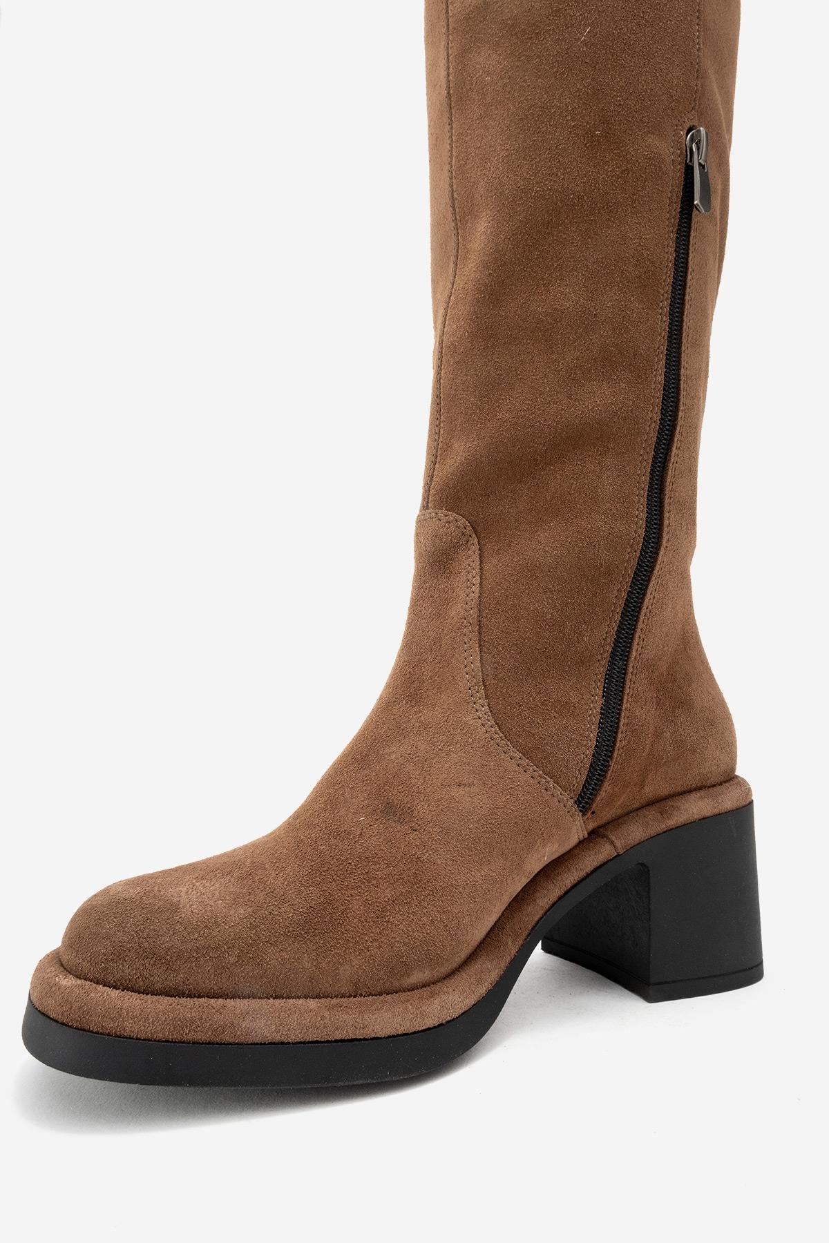 Fros - Cognac Genuine Leather Block Heel Knee-High Boot – heel view showing leather, suede, Vowalisse
