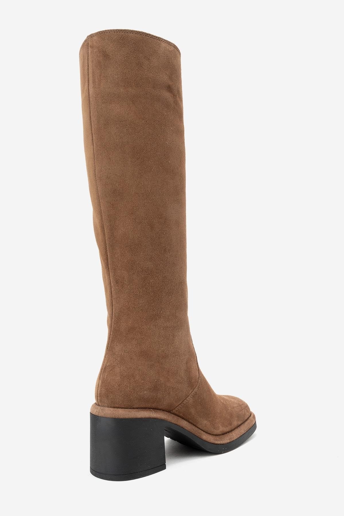 Fros - Cognac Genuine Leather Block Heel Knee-High Boot – back view showing leather, suede, Vowalisse
