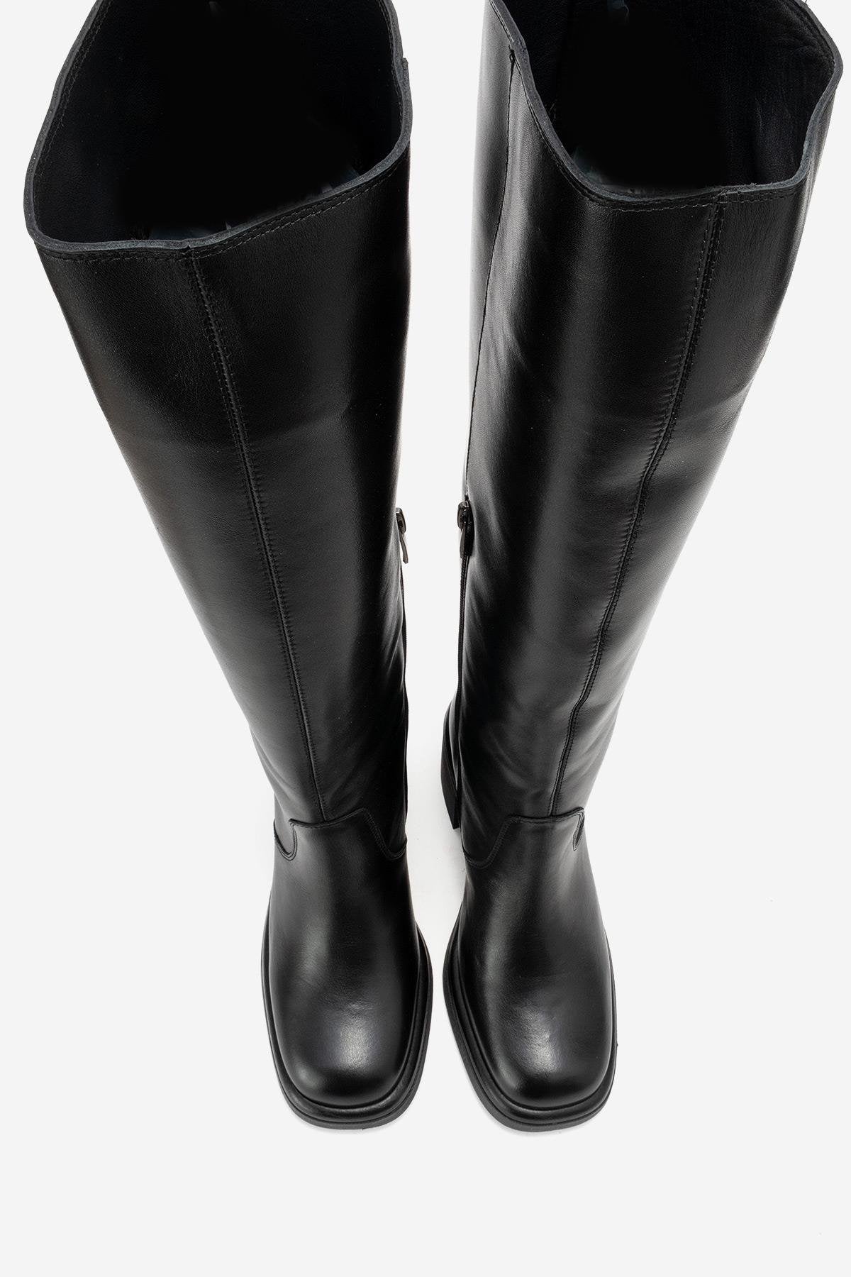 Fros - Black Genuine Leather Block Heel Knee-High Boot – side view showing leather, black, Vowalisse