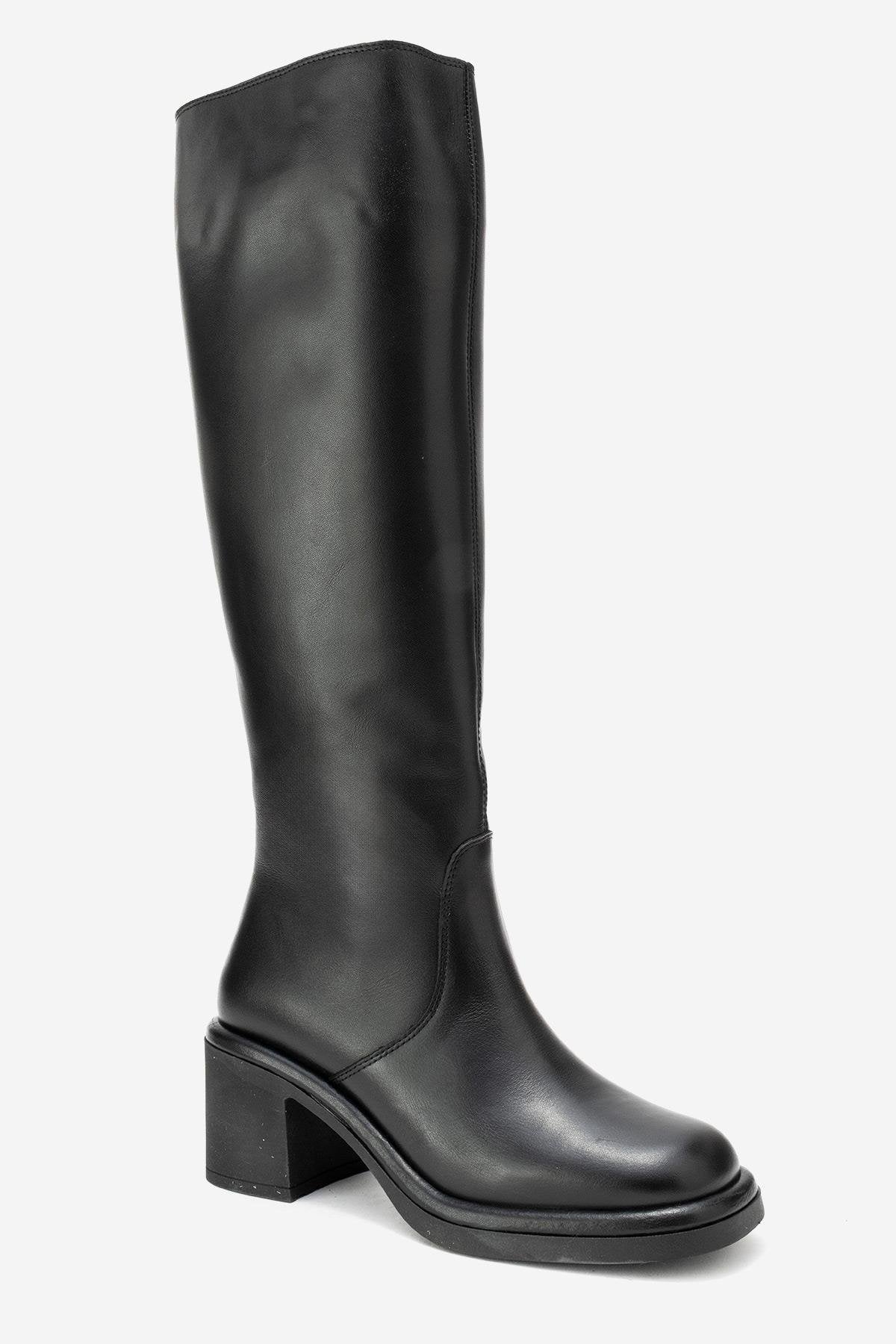 Fros - Black Genuine Leather Block Heel Knee-High Boot – detail view showing leather, black, Vowalisse