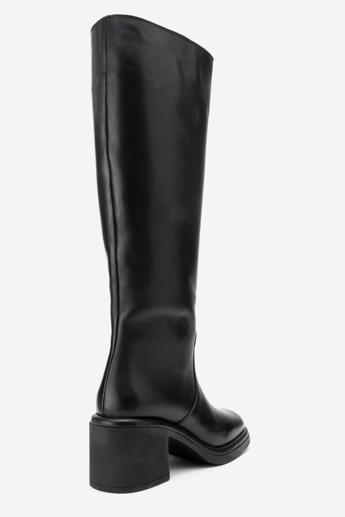 Fros - Black Genuine Leather Block Heel Knee-High Boot – back view showing leather, black, Vowalisse