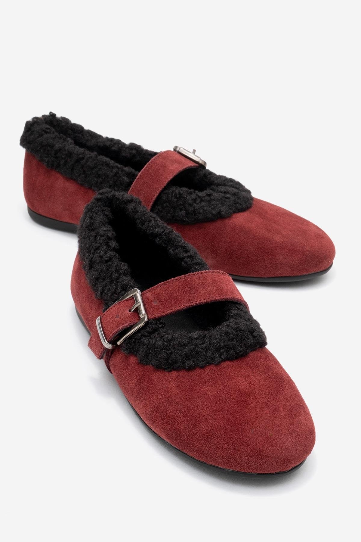 Guin - Burgundy Suede Genuine Leather Ballet Flat – front three-quarter view showing leather, suede, red, Vowalisse