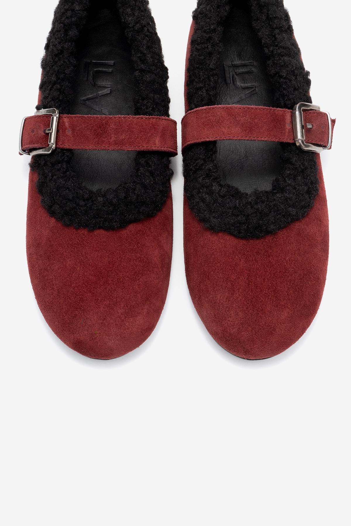 Guin - Burgundy Suede Genuine Leather Ballet Flat – side view showing leather, suede, red, Vowalisse