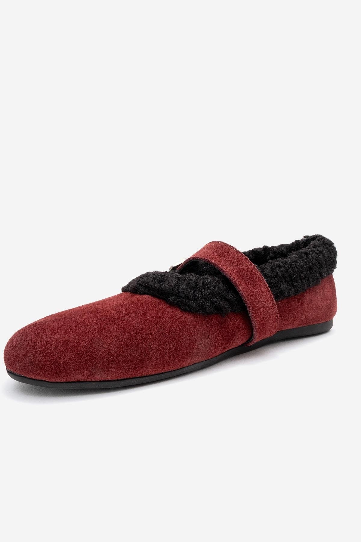 Guin - Burgundy Suede Genuine Leather Ballet Flat – heel view showing leather, suede, red, Vowalisse