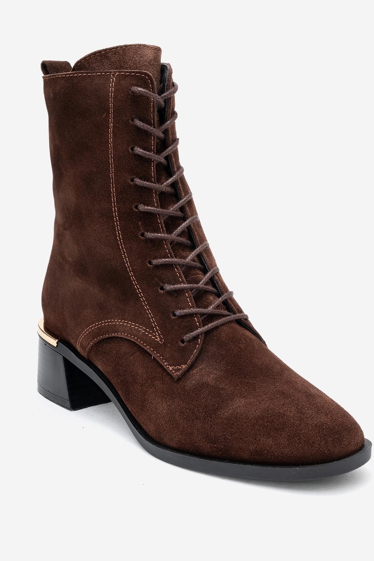Avia - Brown Suede Genuine Leather Block Heel Ankle Boot – detail view showing leather, suede, Vowalisse