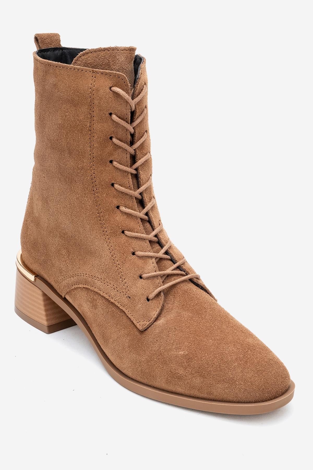 Avia - Taupe Suede Genuine Leather Block Heel Ankle Boot – detail view showing leather, suede, Vowalisse