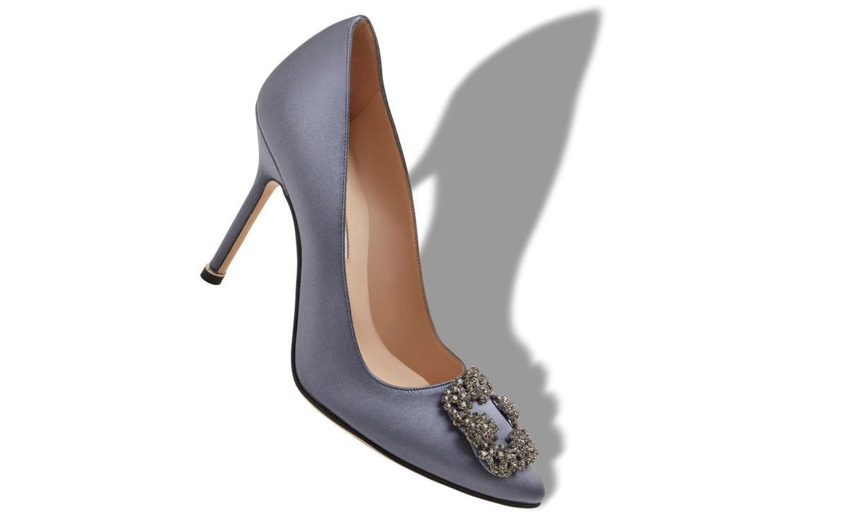 Anastasia Bloom Blue Jewel Buckle Pumps – front three-quarter view showing blue jewel buckle, crystal buckle, almond toe…