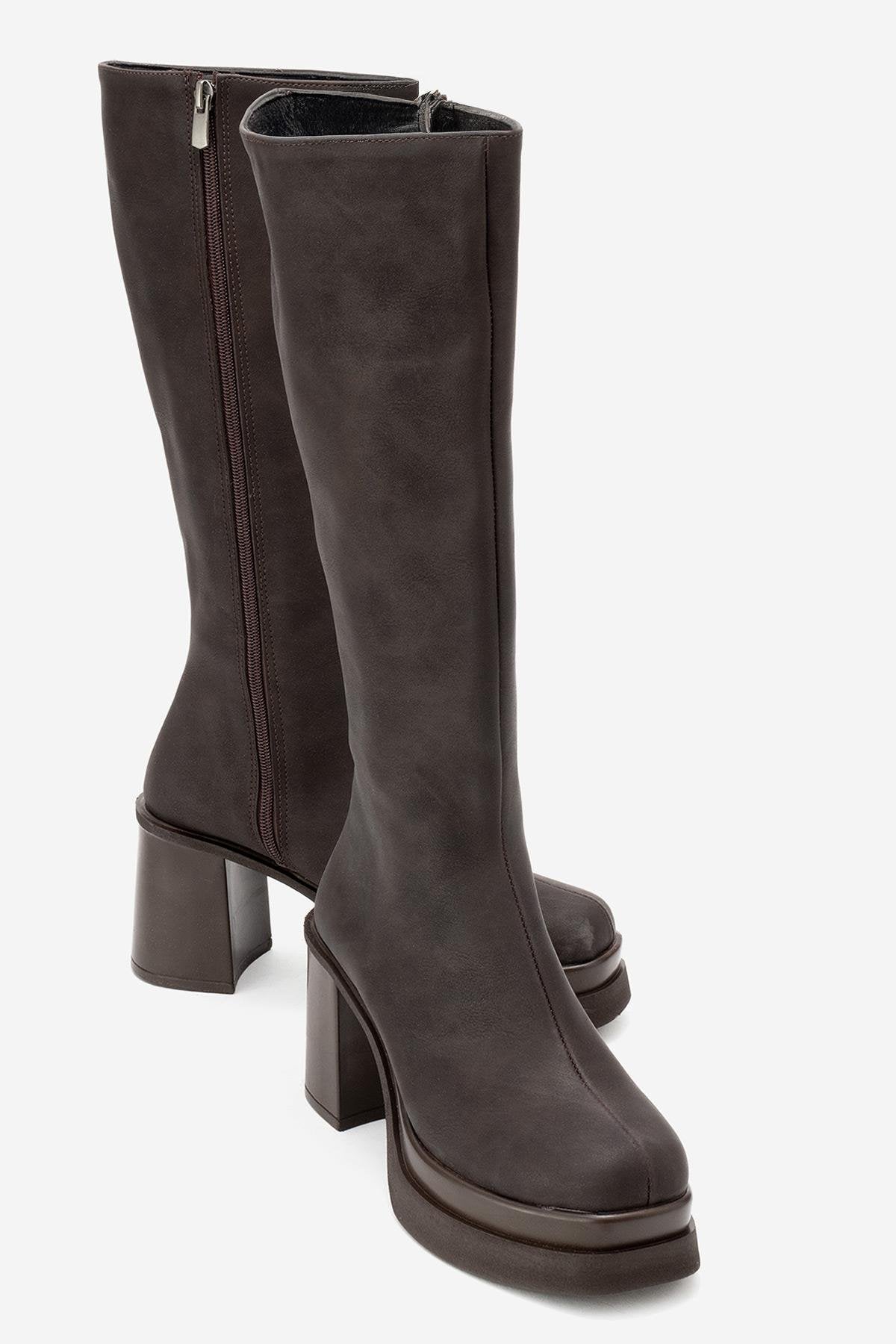 Carm - Brown Nubuck Platform Heel Mid-Calf Boot – front three-quarter view showing leather, Vowalisse