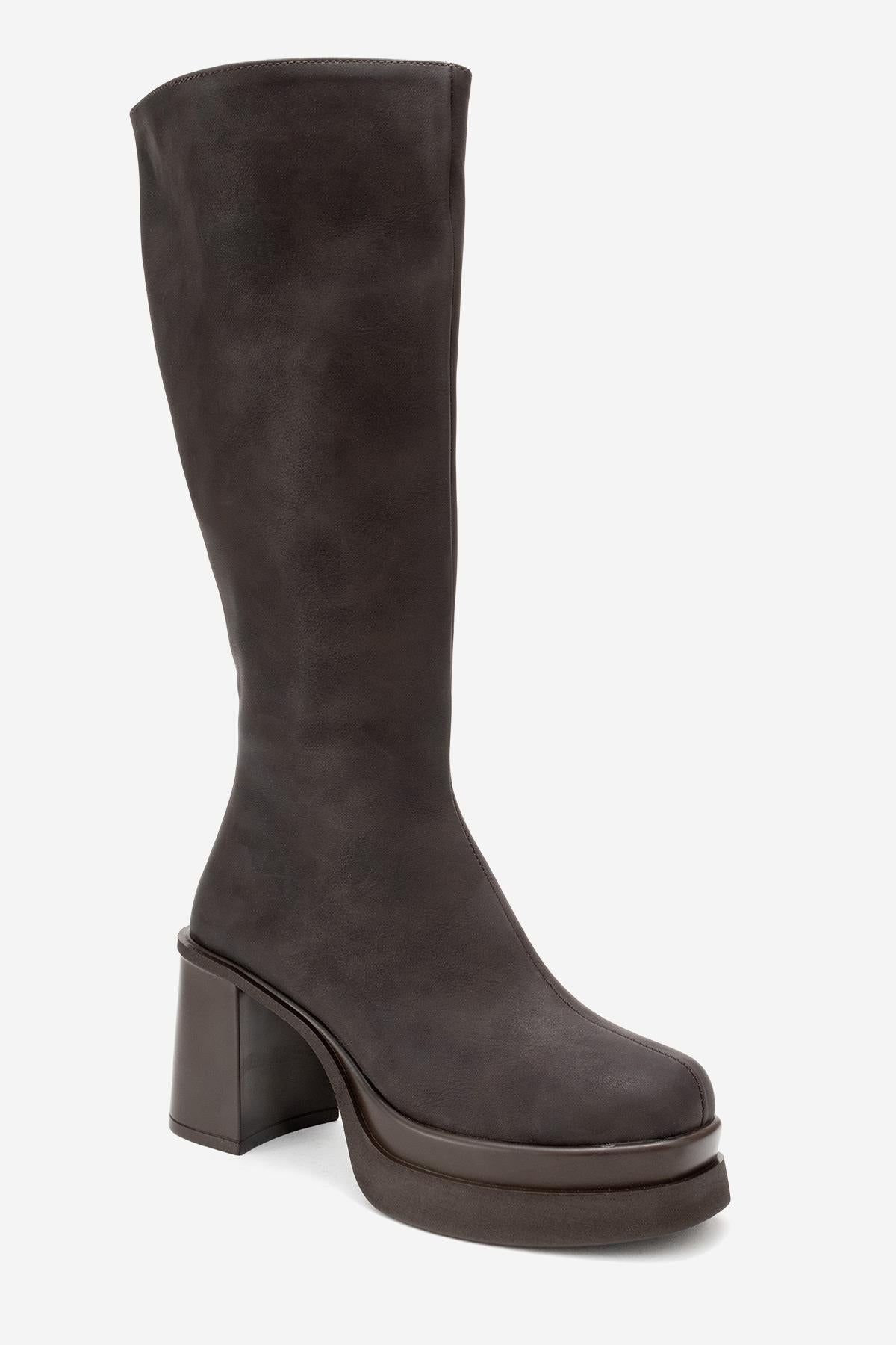 Carm - Brown Nubuck Platform Heel Mid-Calf Boot – detail view showing leather, Vowalisse